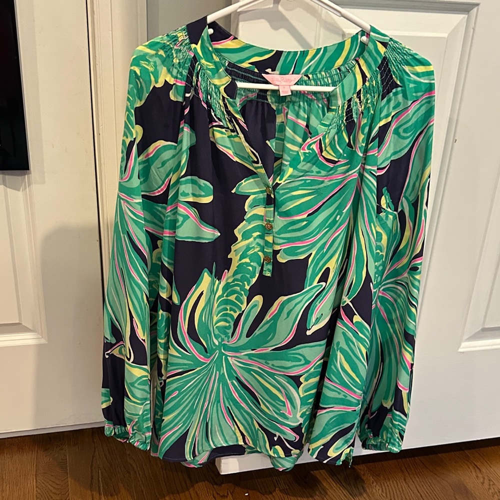 Lilly Pulitzer Elsa Silk Tropical Green and Navy Women's Blouse